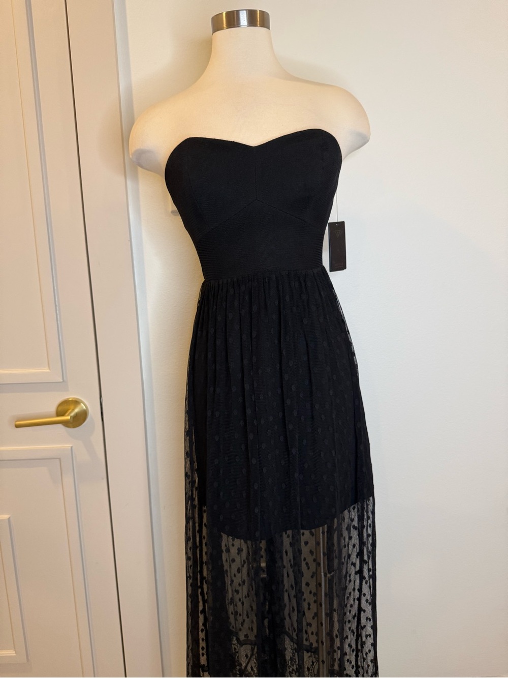 Guess Strapless Black Polka Dot Maxi Dress petite